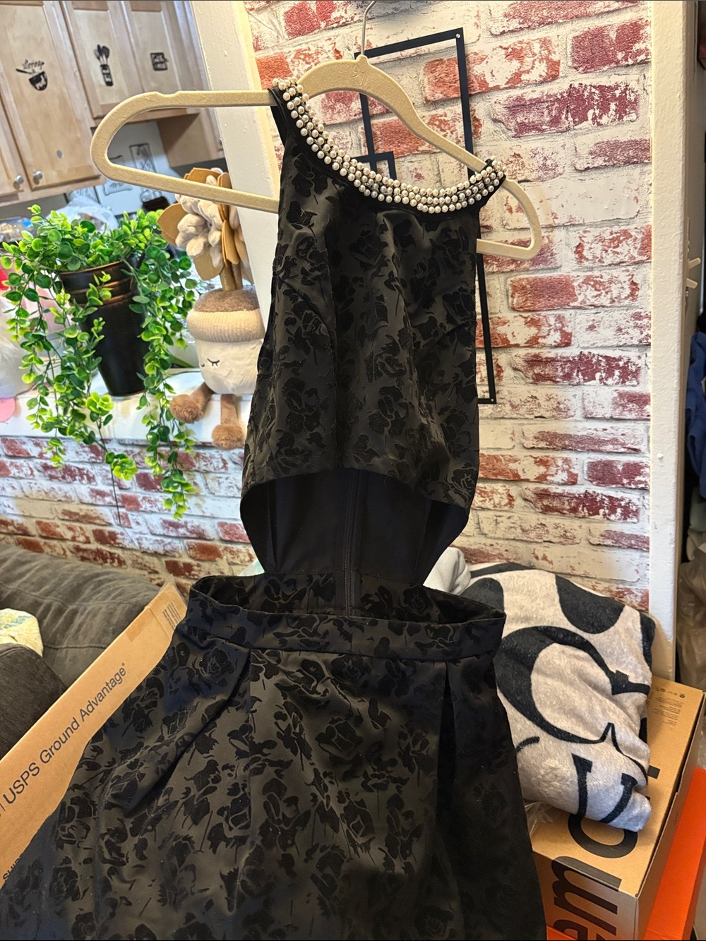 Black Floral Velvet Party Dress with Pearl Collar